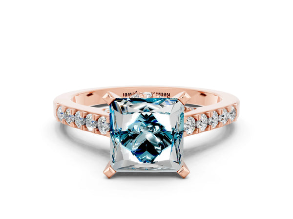 Rose gold Princess Cut Blue Topaz Solitaire Ring with Crossover Gallery and Round  Pavé Band