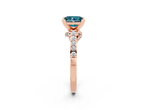 Rose gold Princess Cut Blue Topaz Solitaire Ring with Crossover Gallery and Round  Pavé Band
