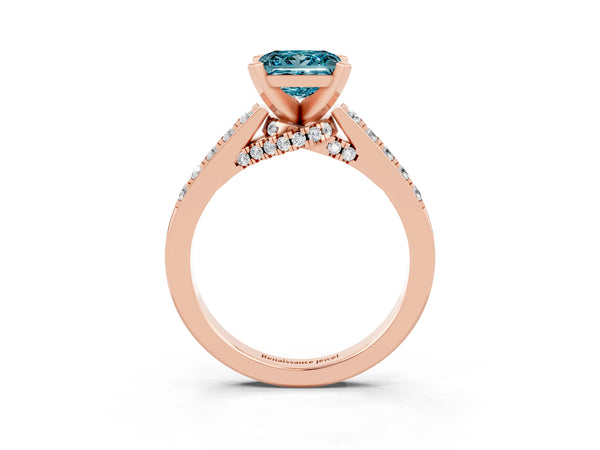 Rose gold Princess Cut Blue Topaz Solitaire Ring with Crossover Gallery and Round  Pavé Band
