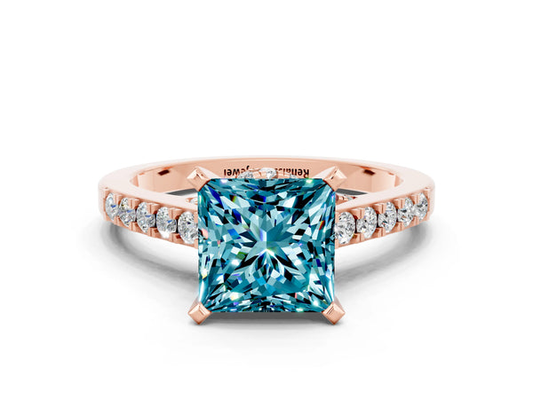 Rose gold Princess Cut Blue Topaz Solitaire Ring with Crossover Gallery and Round  Pavé Band