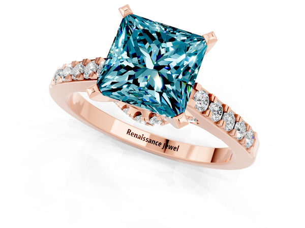 Rose gold Princess Cut Blue Topaz Solitaire Ring with Crossover Gallery and Round  Pavé Band