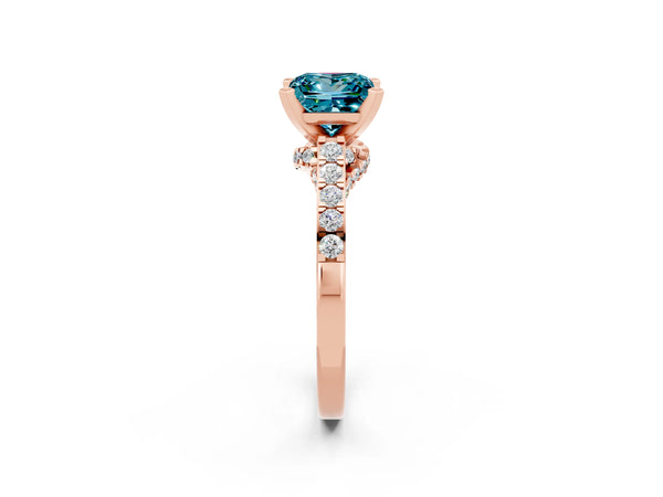 Rose gold Princess Cut Blue Topaz Solitaire Ring with Crossover Gallery and Round  Pavé Band