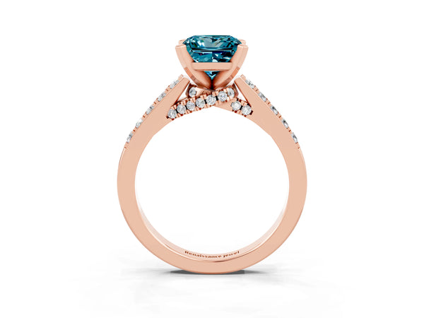 Rose gold Princess Cut Blue Topaz Solitaire Ring with Crossover Gallery and Round  Pavé Band