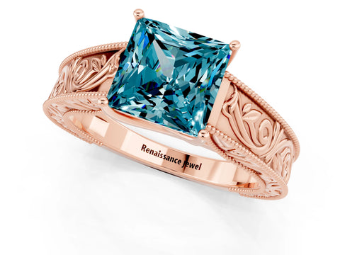 Rose gold Princess Cut Blue Topaz Solitaire Ring with Engraved Band and Four-Prong Setting_1