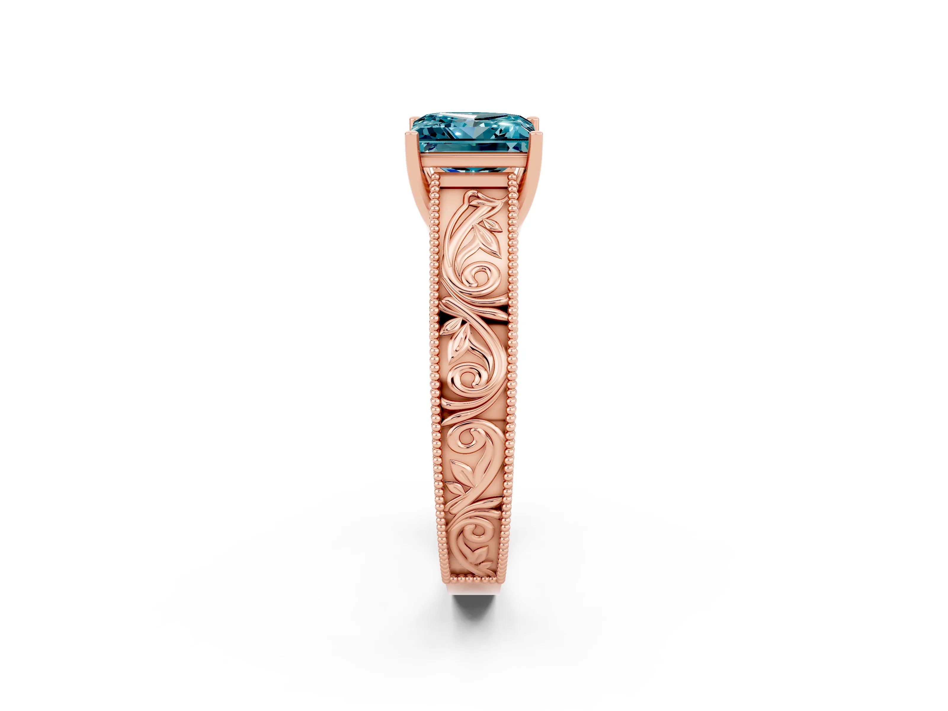 Rose gold Princess Cut Blue Topaz Solitaire Ring with Engraved Band and Four-Prong Setting_2