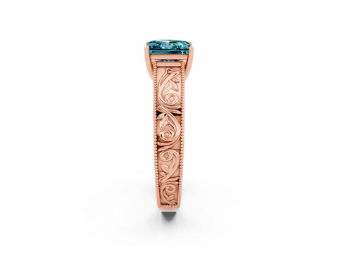 Rose gold Princess Cut Blue Topaz Solitaire Ring with Engraved Band and Four-Prong Setting_2