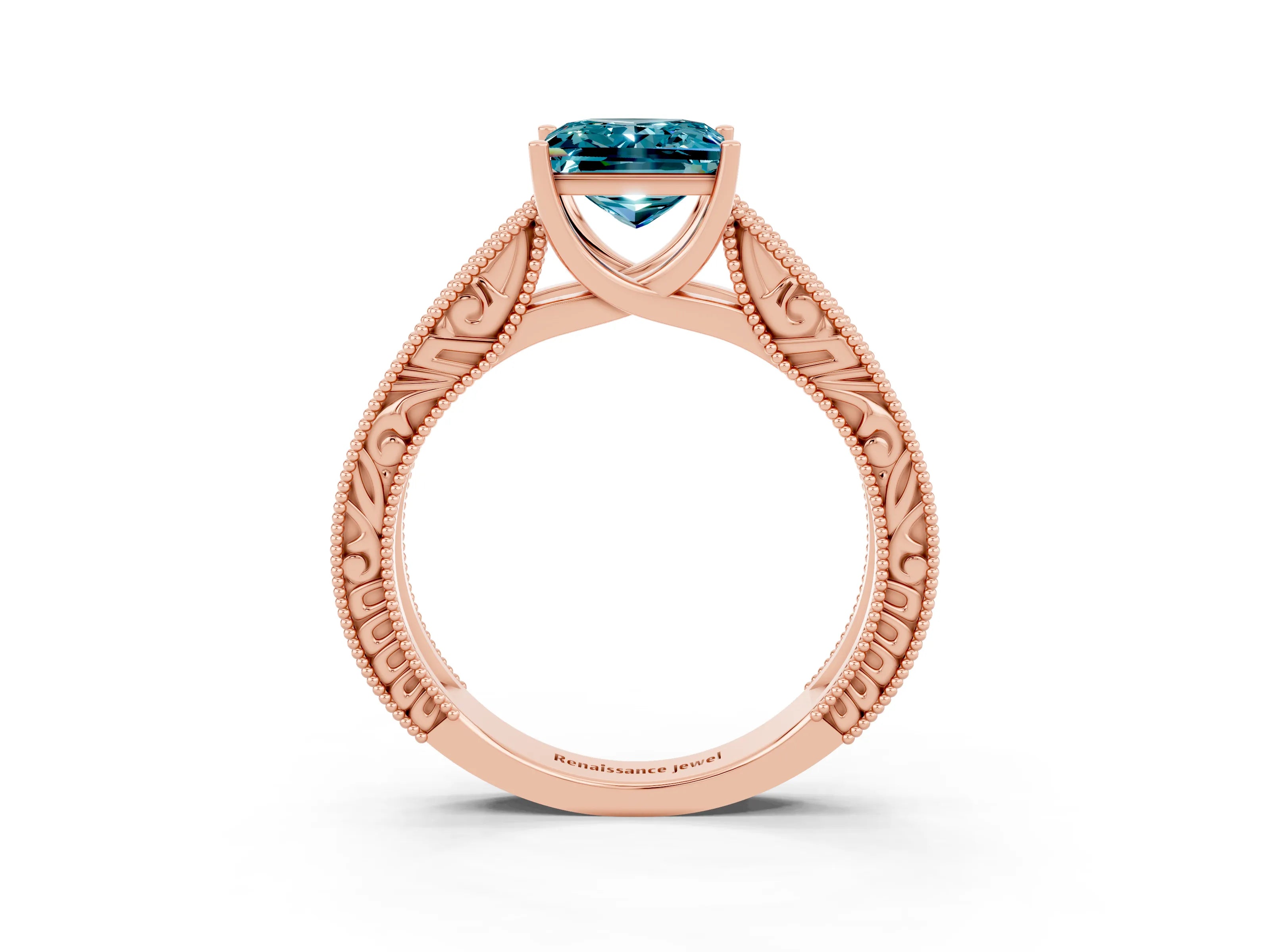 Rose gold Princess Cut Blue Topaz Solitaire Ring with Engraved Band and Four-Prong Setting_3