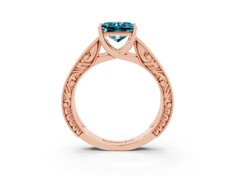 Rose gold Princess Cut Blue Topaz Solitaire Ring with Engraved Band and Four-Prong Setting_3