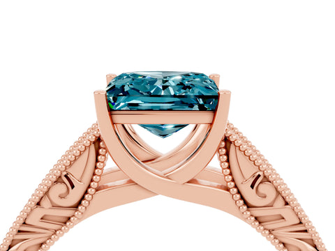 Rose gold Princess Cut Blue Topaz Solitaire Ring with Engraved Band and Four-Prong Setting_4