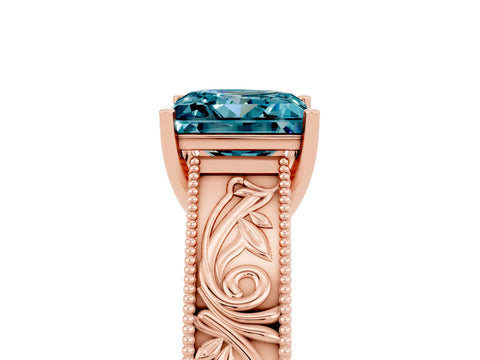 Rose gold Princess Cut Blue Topaz Solitaire Ring with Engraved Band and Four-Prong Setting_5