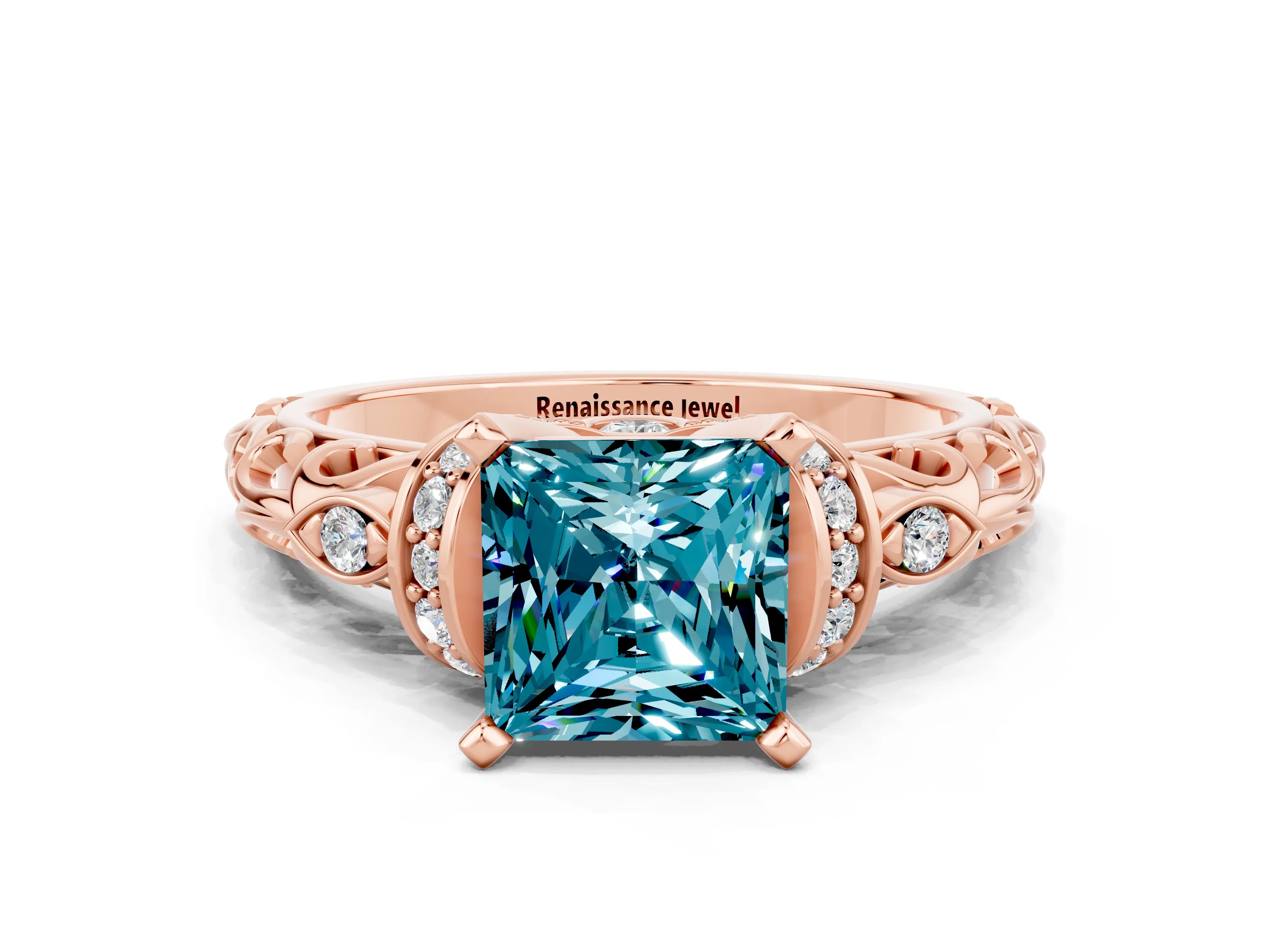 Rose gold Princess Cut Blue Topaz Solitaire Ring with Filigree Band and Four-Prong Setting_24