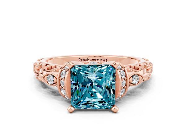 Rose gold Princess Cut Blue Topaz Solitaire Ring with Filigree Band and Four-Prong Setting