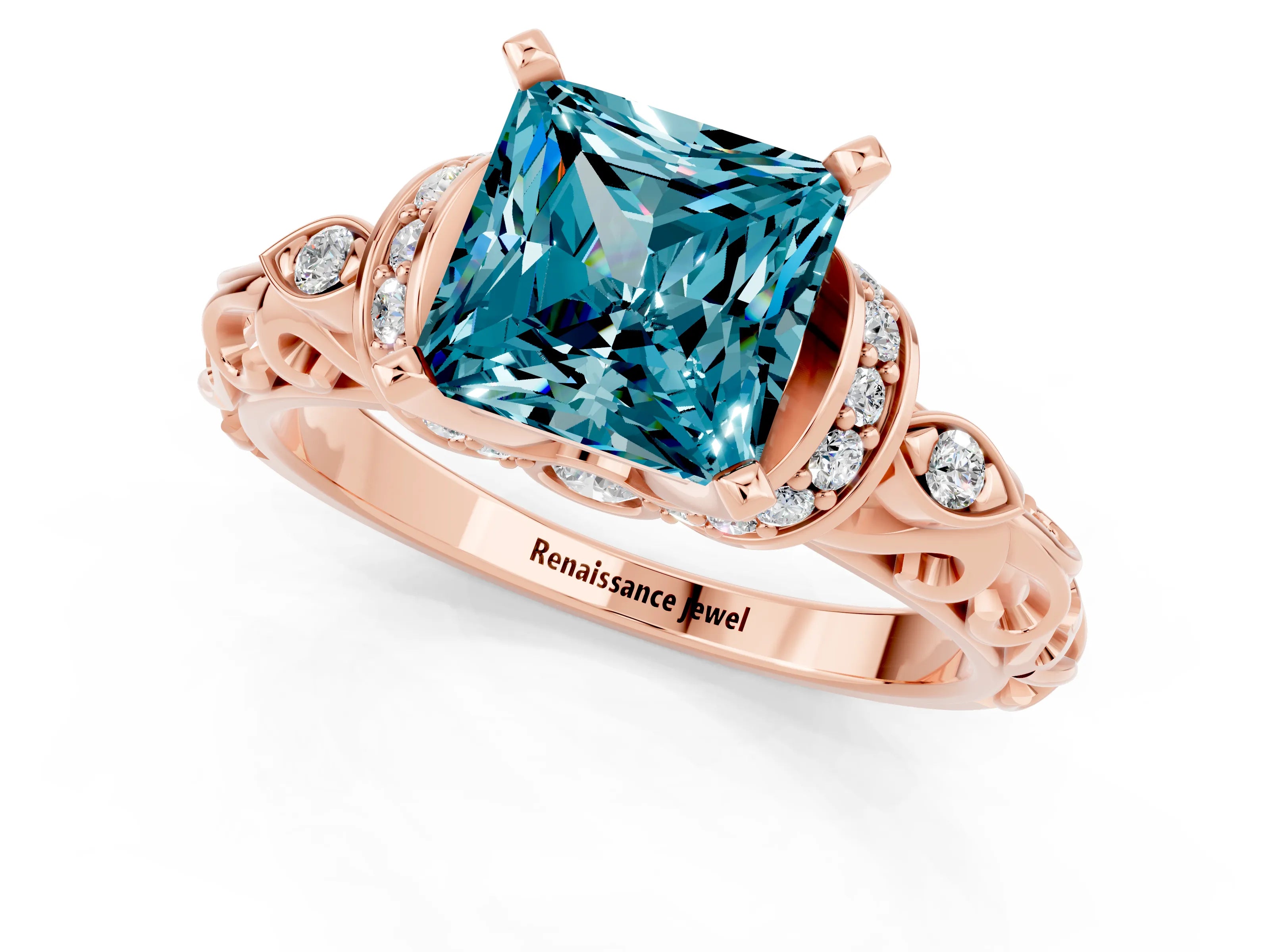 Rose gold Princess Cut Blue Topaz Solitaire Ring with Filigree Band and Four-Prong Setting_25