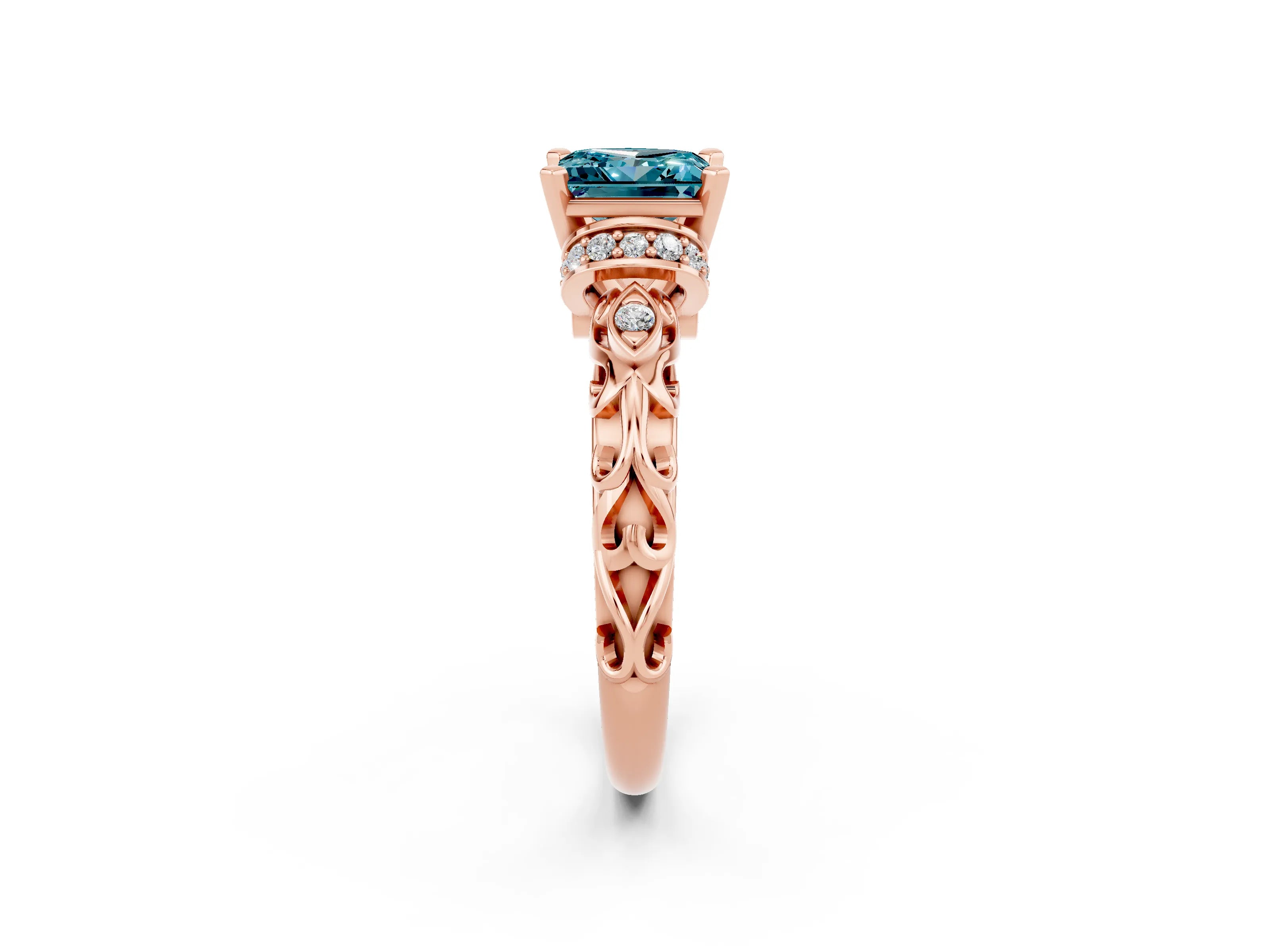 Rose gold Princess Cut Blue Topaz Solitaire Ring with Filigree Band and Four-Prong Setting_26