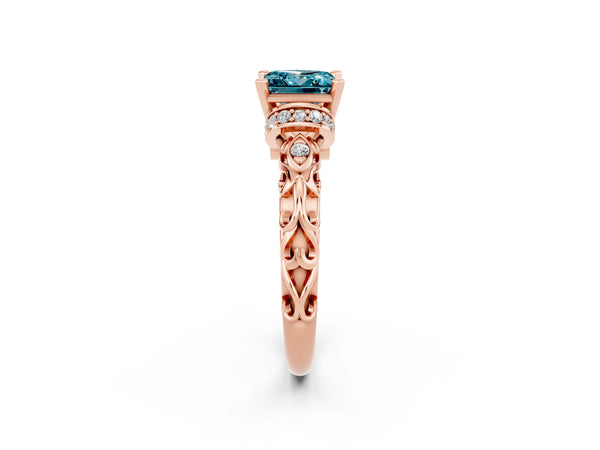 Rose gold Princess Cut Blue Topaz Solitaire Ring with Filigree Band and Four-Prong Setting
