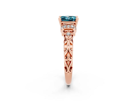 Rose gold Princess Cut Blue Topaz Solitaire Ring with Filigree Band and Four-Prong Setting_26