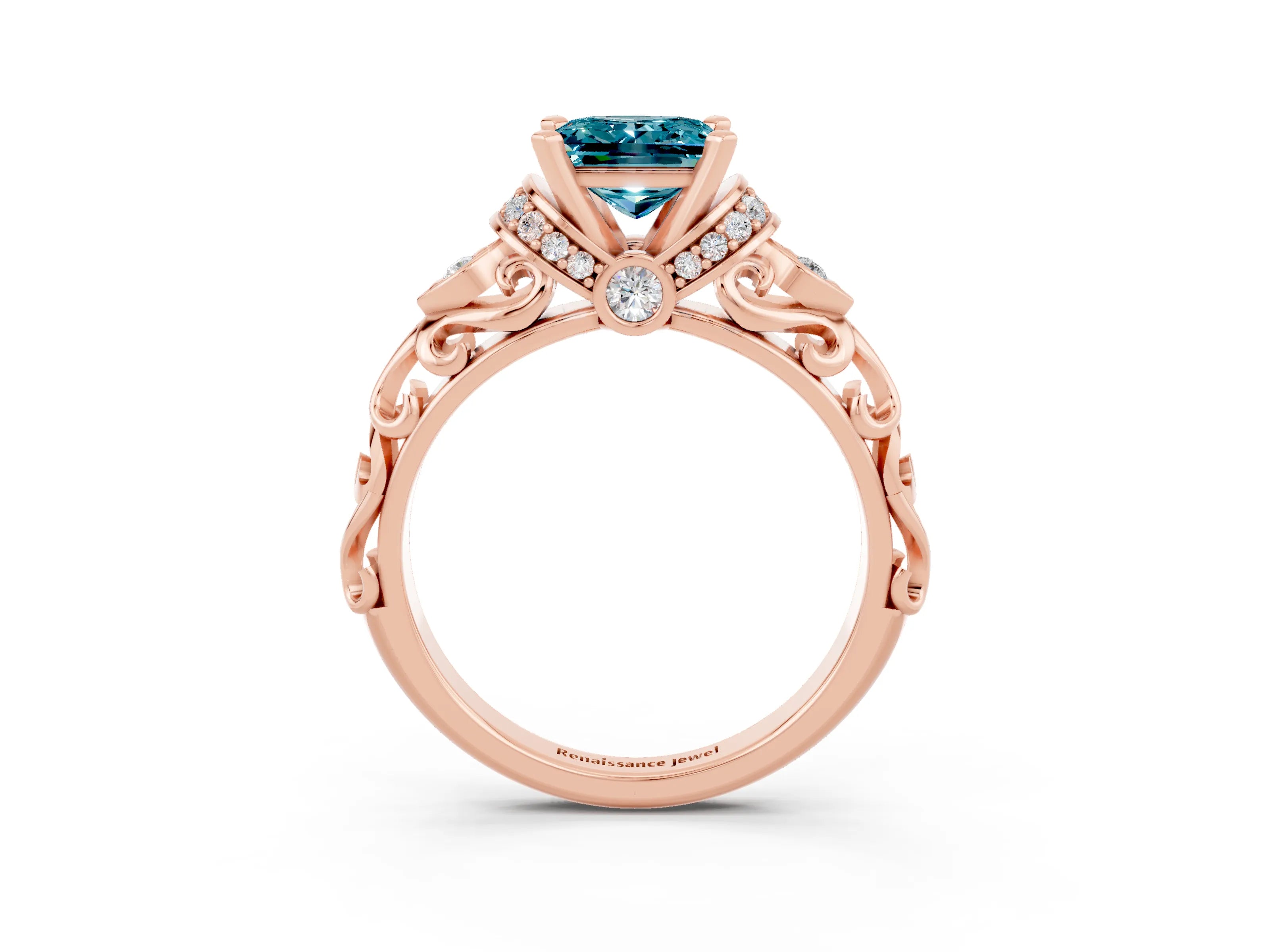 Rose gold Princess Cut Blue Topaz Solitaire Ring with Filigree Band and Four-Prong Setting_27