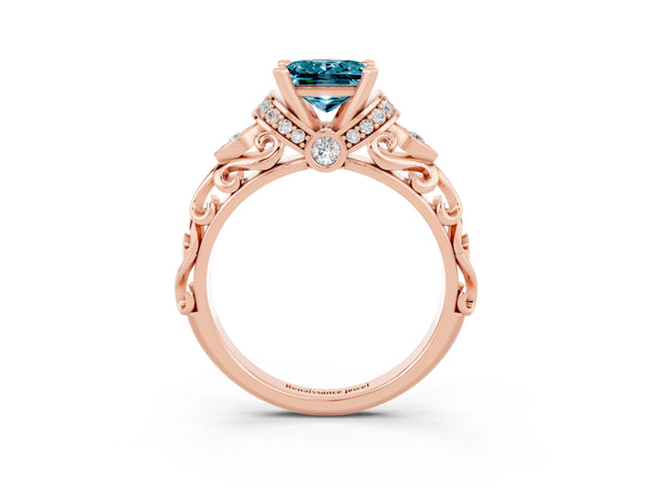 Rose gold Princess Cut Blue Topaz Solitaire Ring with Filigree Band and Four-Prong Setting