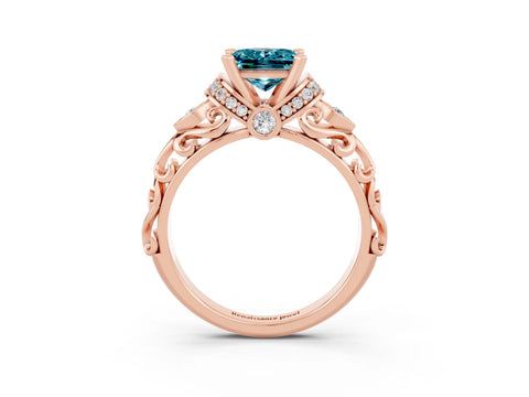Rose gold Princess Cut Blue Topaz Solitaire Ring with Filigree Band and Four-Prong Setting_27
