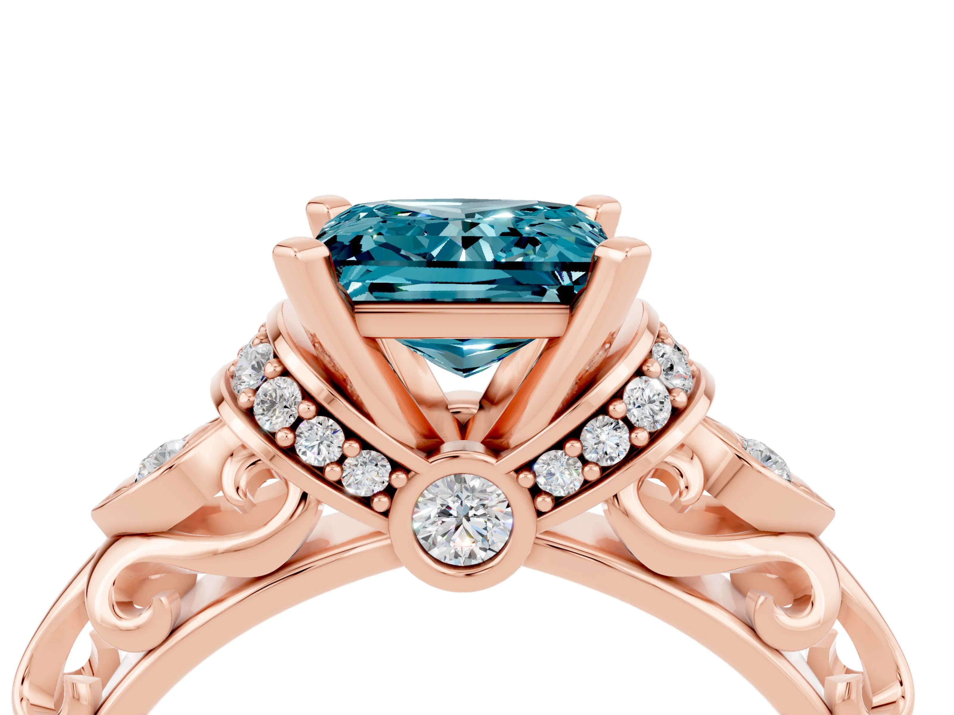 Rose gold Princess Cut Blue Topaz Solitaire Ring with Filigree Band and Four-Prong Setting_28