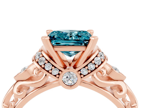 Rose gold Princess Cut Blue Topaz Solitaire Ring with Filigree Band and Four-Prong Setting_28