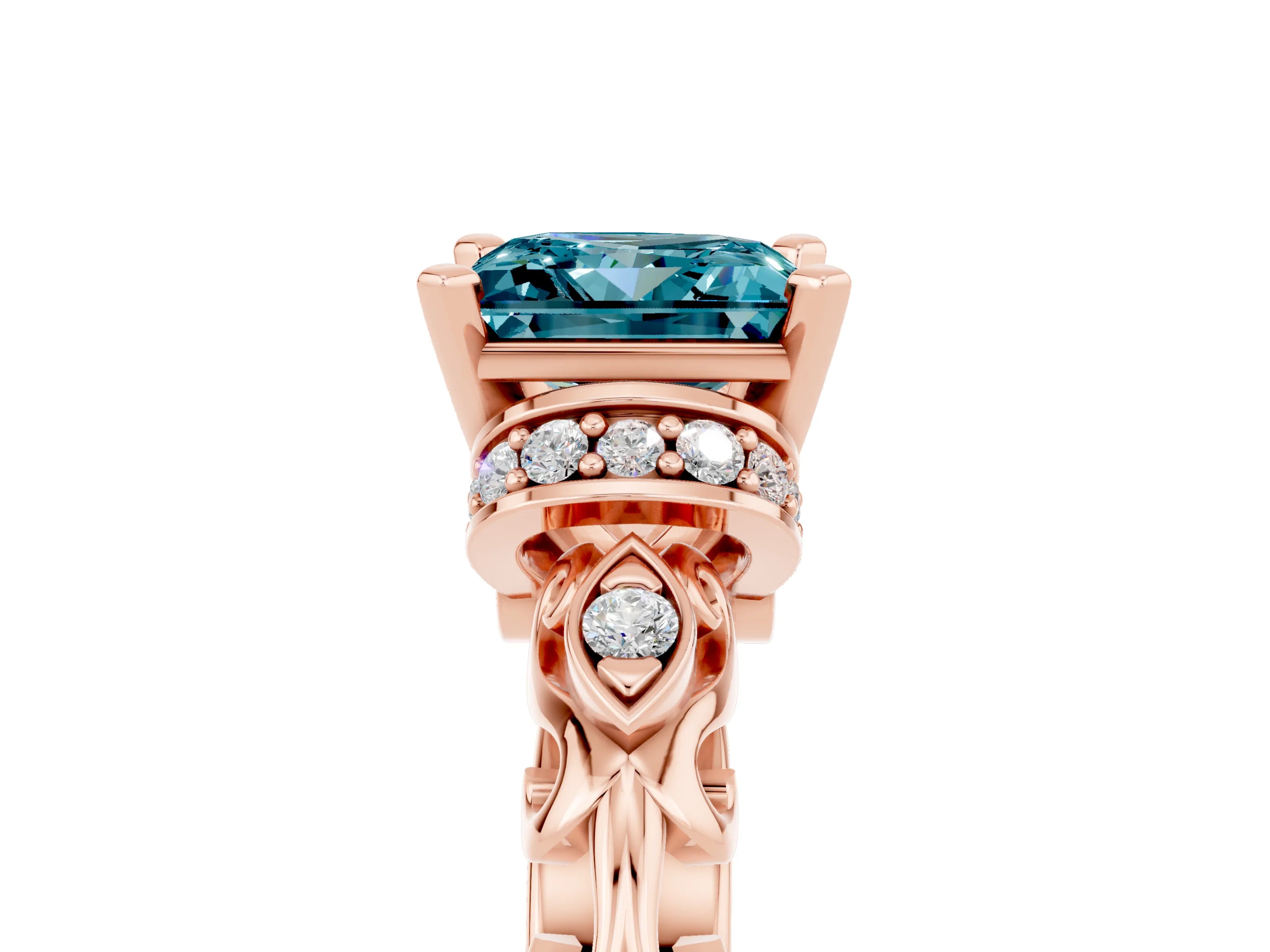 Rose gold Princess Cut Blue Topaz Solitaire Ring with Filigree Band and Four-Prong Setting_29