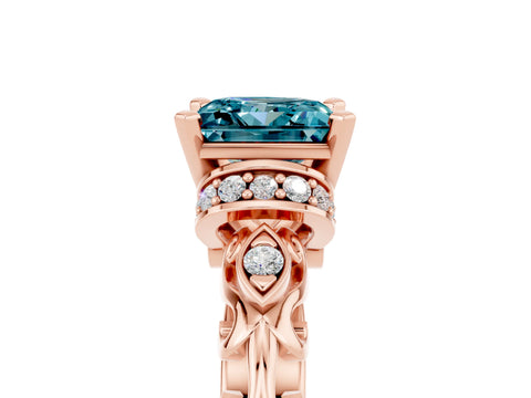 Rose gold Princess Cut Blue Topaz Solitaire Ring with Filigree Band and Four-Prong Setting_29
