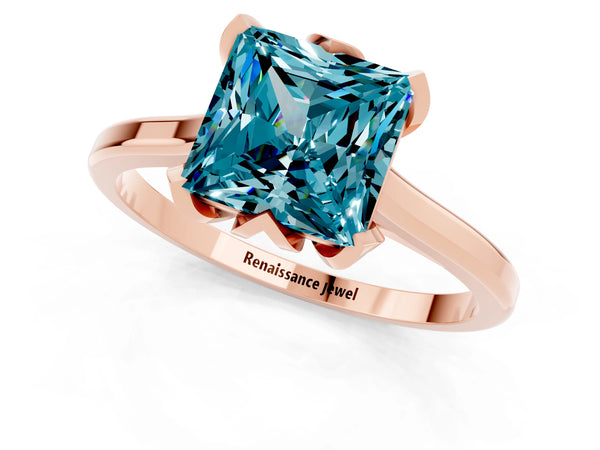 Rose gold Princess Cut Blue Topaz Solitaire Ring with Flower Prong Setting and Classic Band