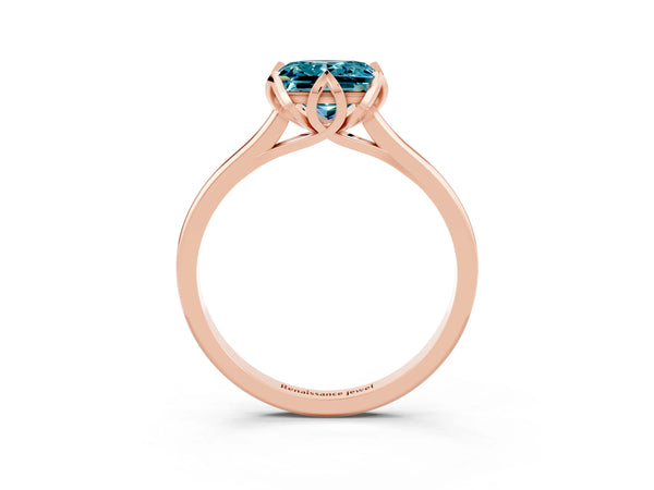 Rose gold Princess Cut Blue Topaz Solitaire Ring with Flower Prong Setting and Classic Band