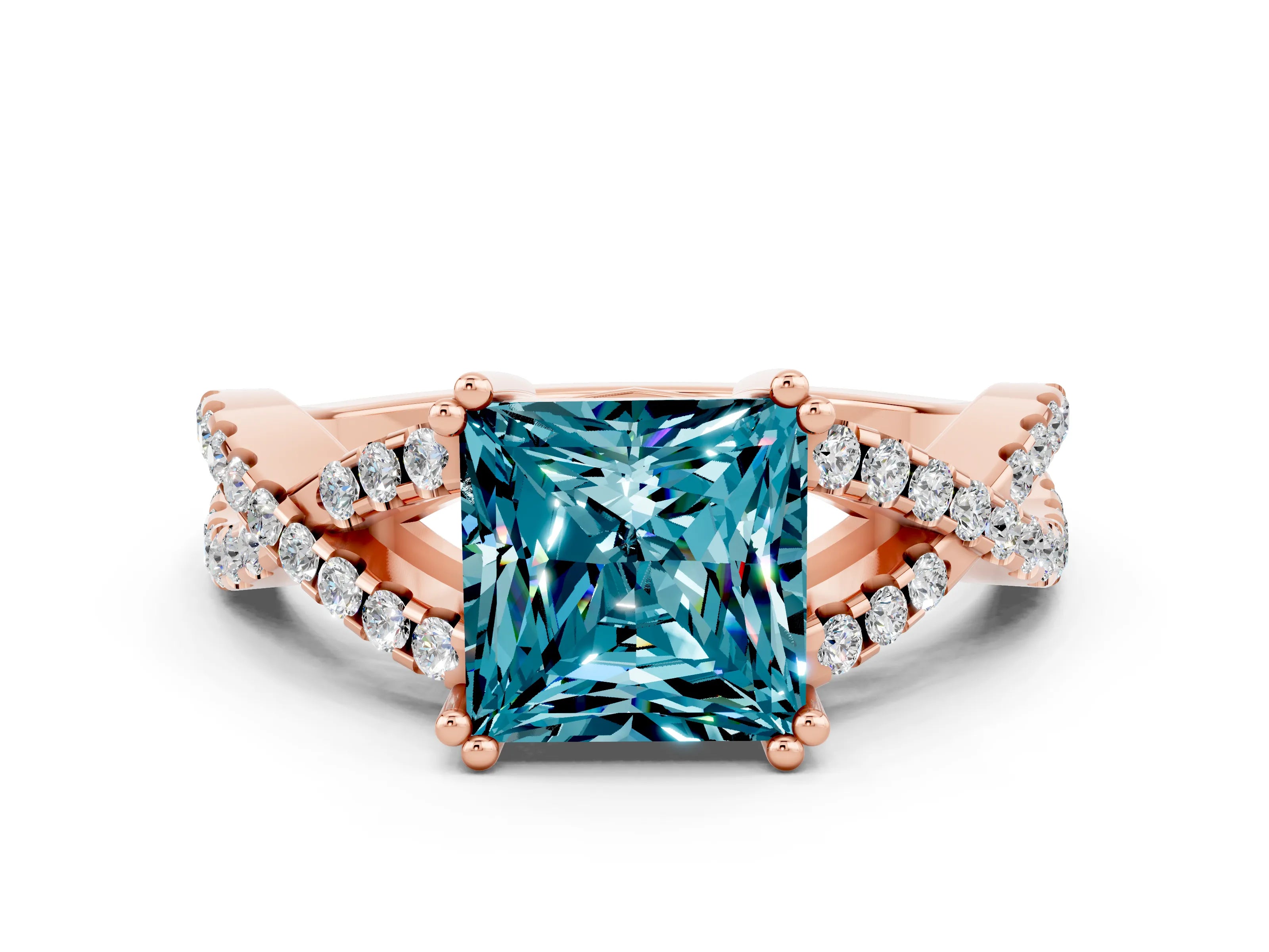 Rose gold Princess Cut Blue Topaz Solitaire Ring with Four-Prong Setting and Twisted Pavé Band