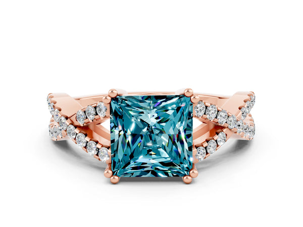 Rose gold Princess Cut Blue Topaz Solitaire Ring with Four-Prong Setting and Twisted Pavé Band
