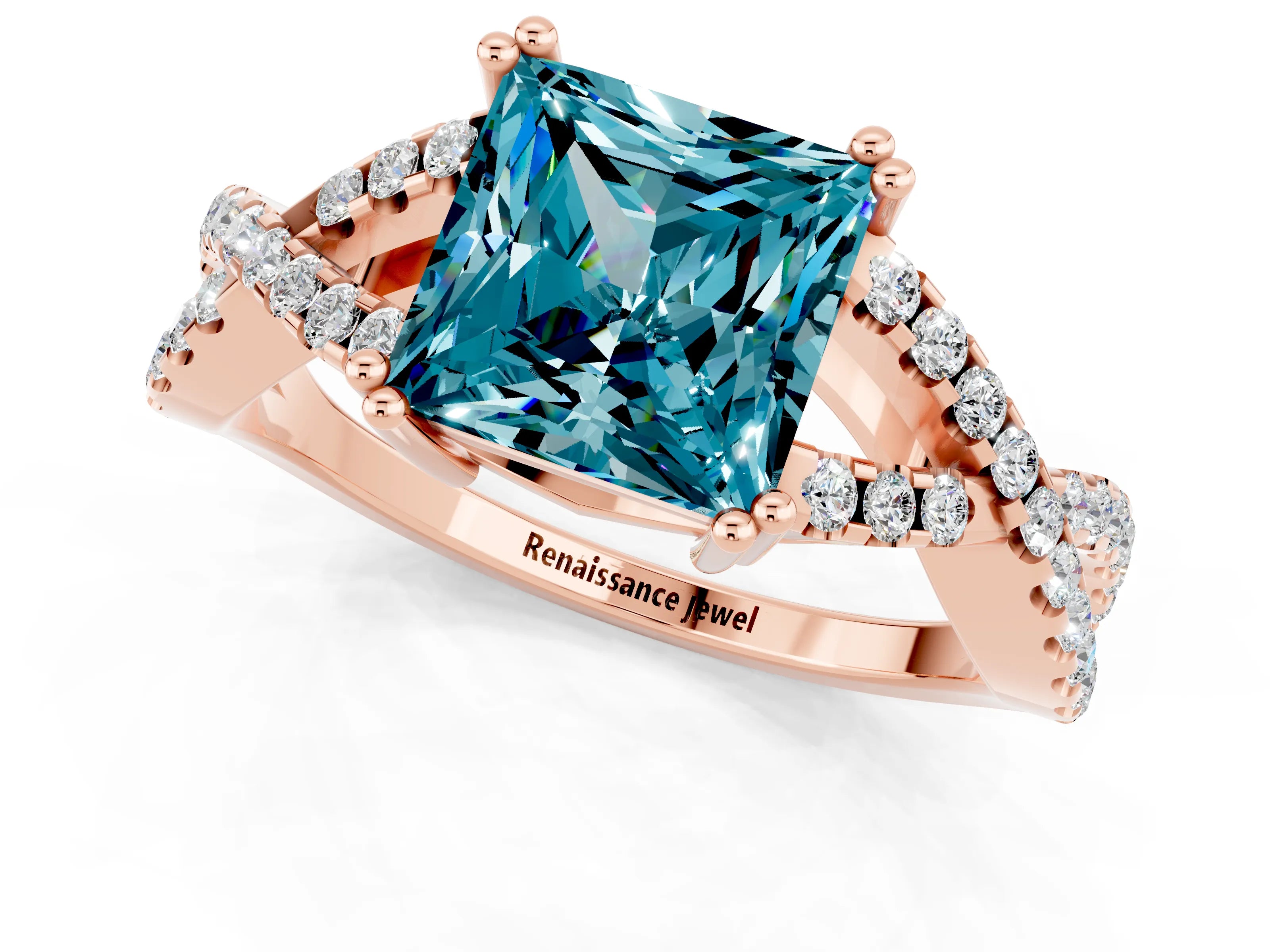 Rose gold Princess Cut Blue Topaz Solitaire Ring with Four-Prong Setting and Twisted Pavé Band_1