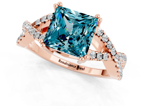 Rose gold Princess Cut Blue Topaz Solitaire Ring with Four-Prong Setting and Twisted Pavé Band_1