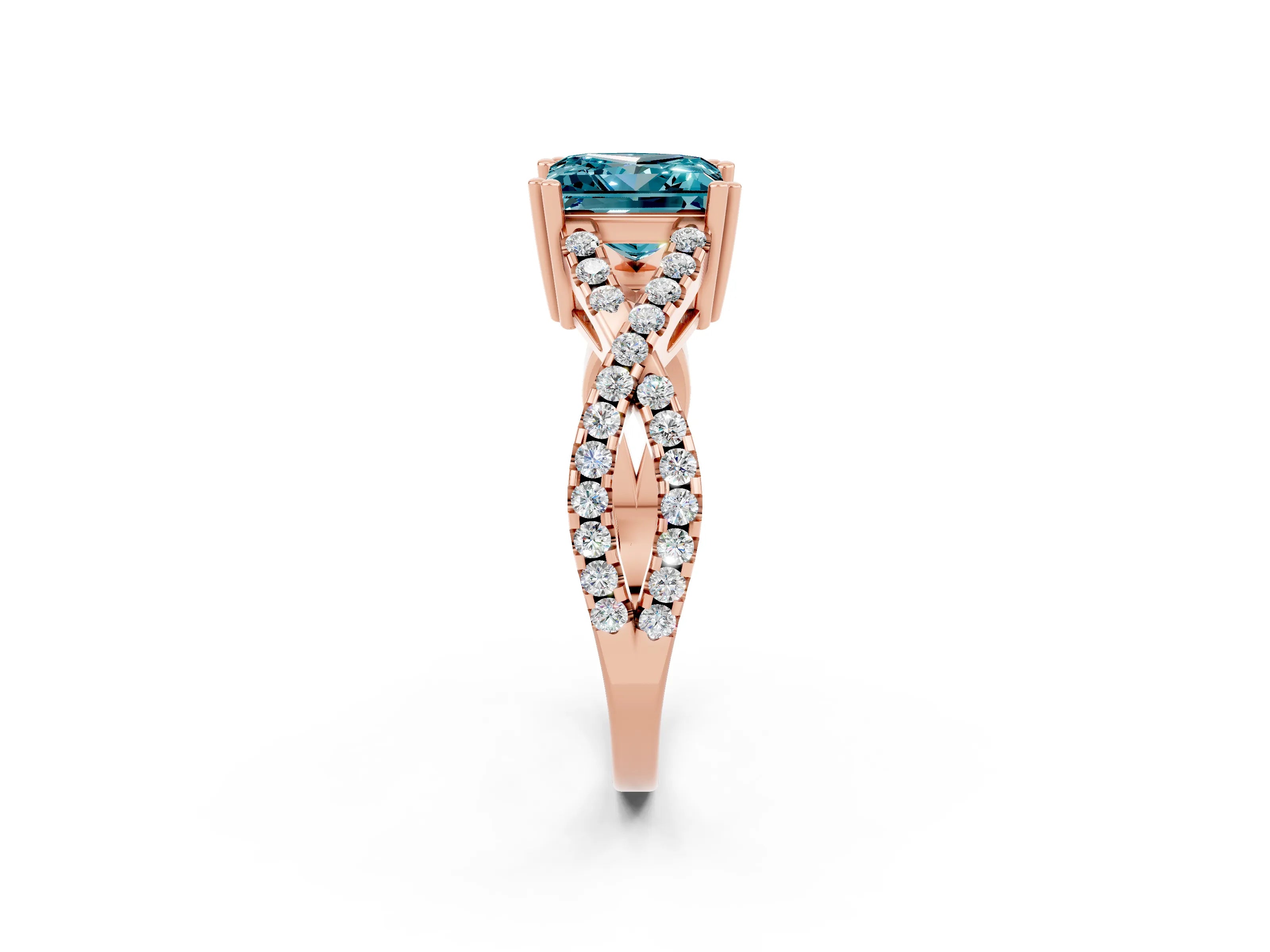 Rose gold Princess Cut Blue Topaz Solitaire Ring with Four-Prong Setting and Twisted Pavé Band_2
