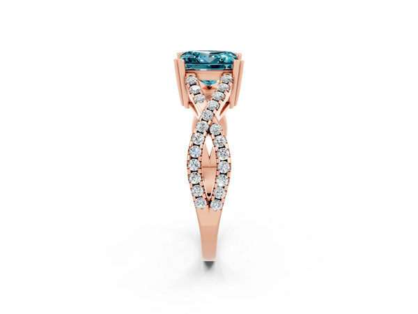 Rose gold Princess Cut Blue Topaz Solitaire Ring with Four-Prong Setting and Twisted Pavé Band