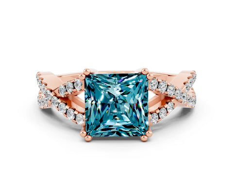 Rose gold Princess Cut Blue Topaz Solitaire Ring with Four-Prong Setting and Twisted Pavé Band