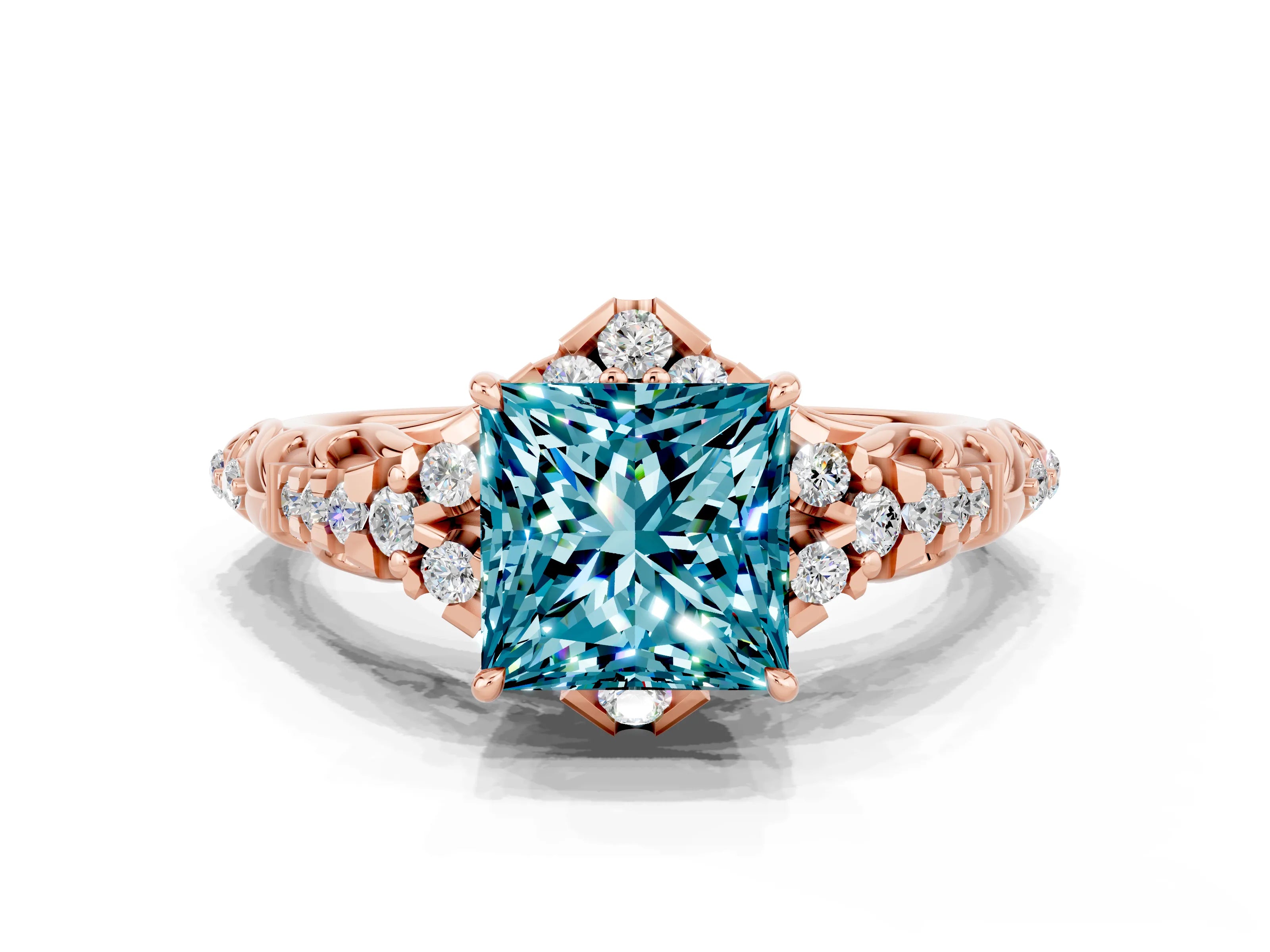 Rose gold Princess Cut Blue Topaz Solitaire Ring with Hidden Halo and Pavé Band_12