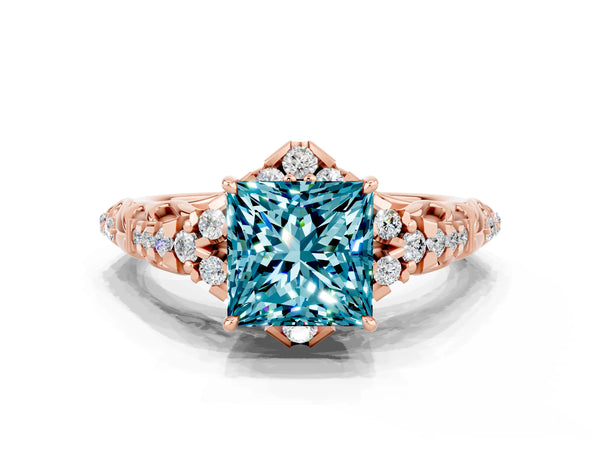 Rose gold Princess Cut Blue Topaz Solitaire Ring with Hidden Halo and Pavé Band