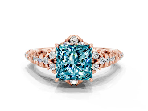 Rose gold Princess Cut Blue Topaz Solitaire Ring with Hidden Halo and Pavé Band_12