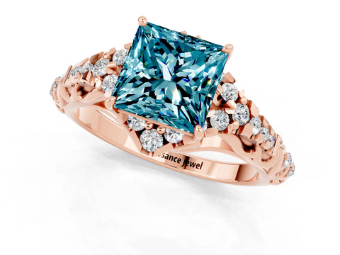 Rose gold Princess Cut Blue Topaz Solitaire Ring with Hidden Halo and Pavé Band_13