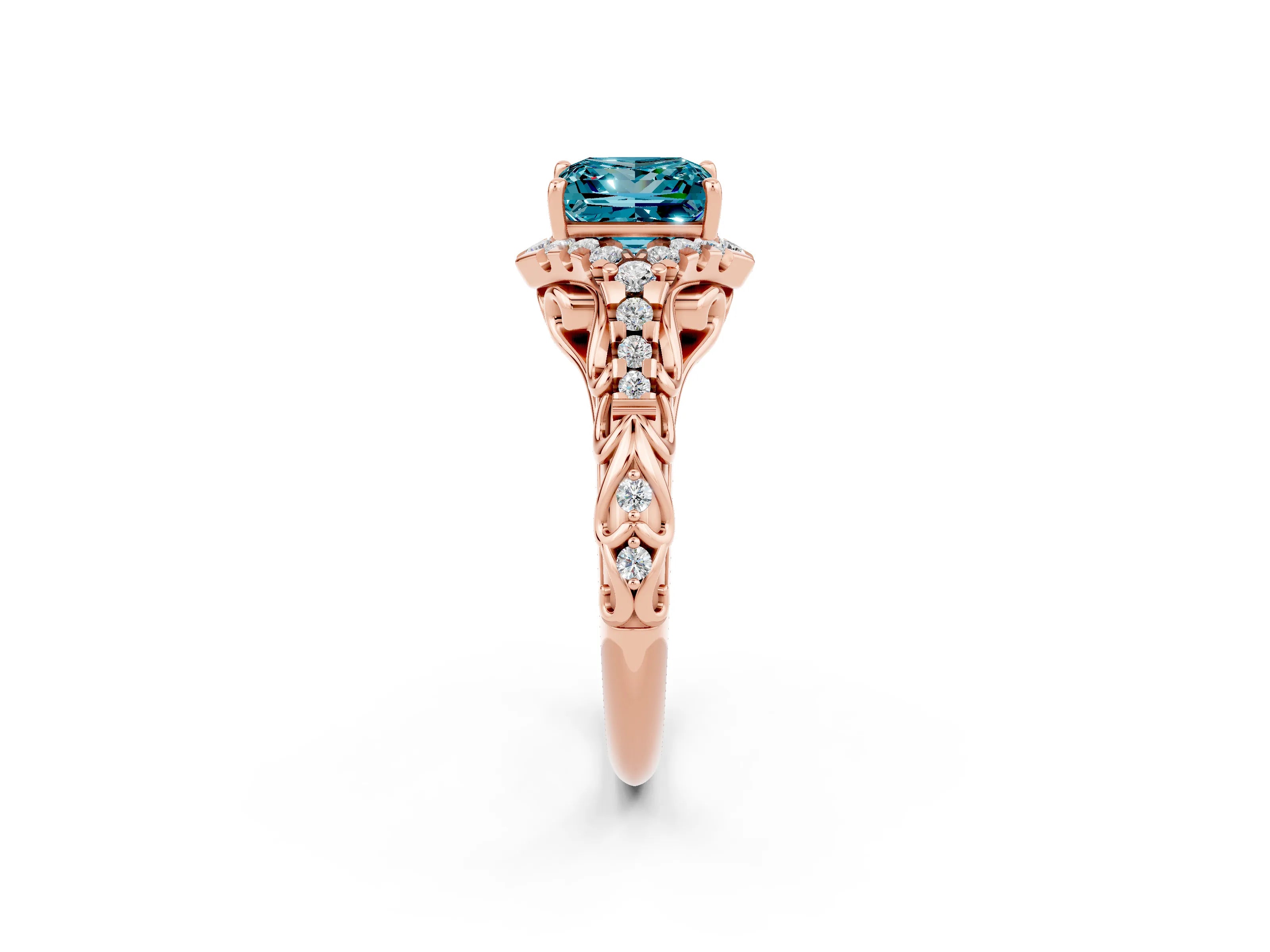 Rose gold Princess Cut Blue Topaz Solitaire Ring with Hidden Halo and Pavé Band_14
