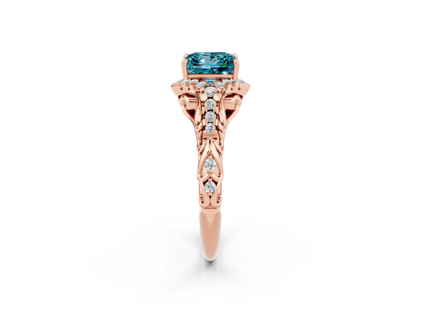 Rose gold Princess Cut Blue Topaz Solitaire Ring with Hidden Halo and Pavé Band