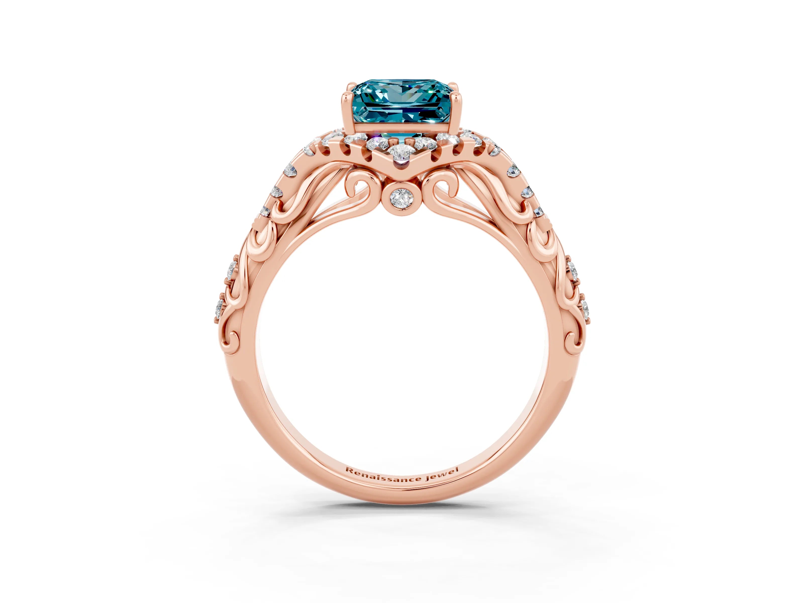 Rose gold Princess Cut Blue Topaz Solitaire Ring with Hidden Halo and Pavé Band_15