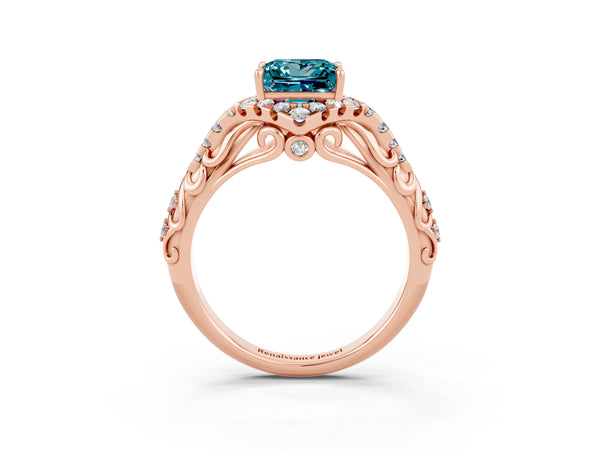 Rose gold Princess Cut Blue Topaz Solitaire Ring with Hidden Halo and Pavé Band