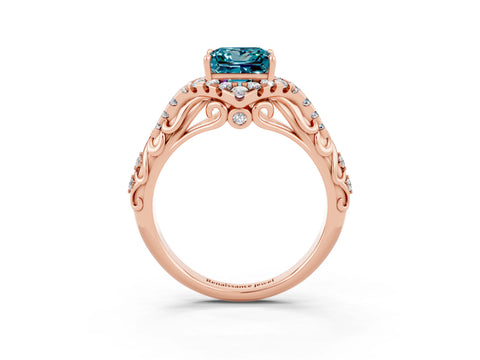Rose gold Princess Cut Blue Topaz Solitaire Ring with Hidden Halo and Pavé Band_15