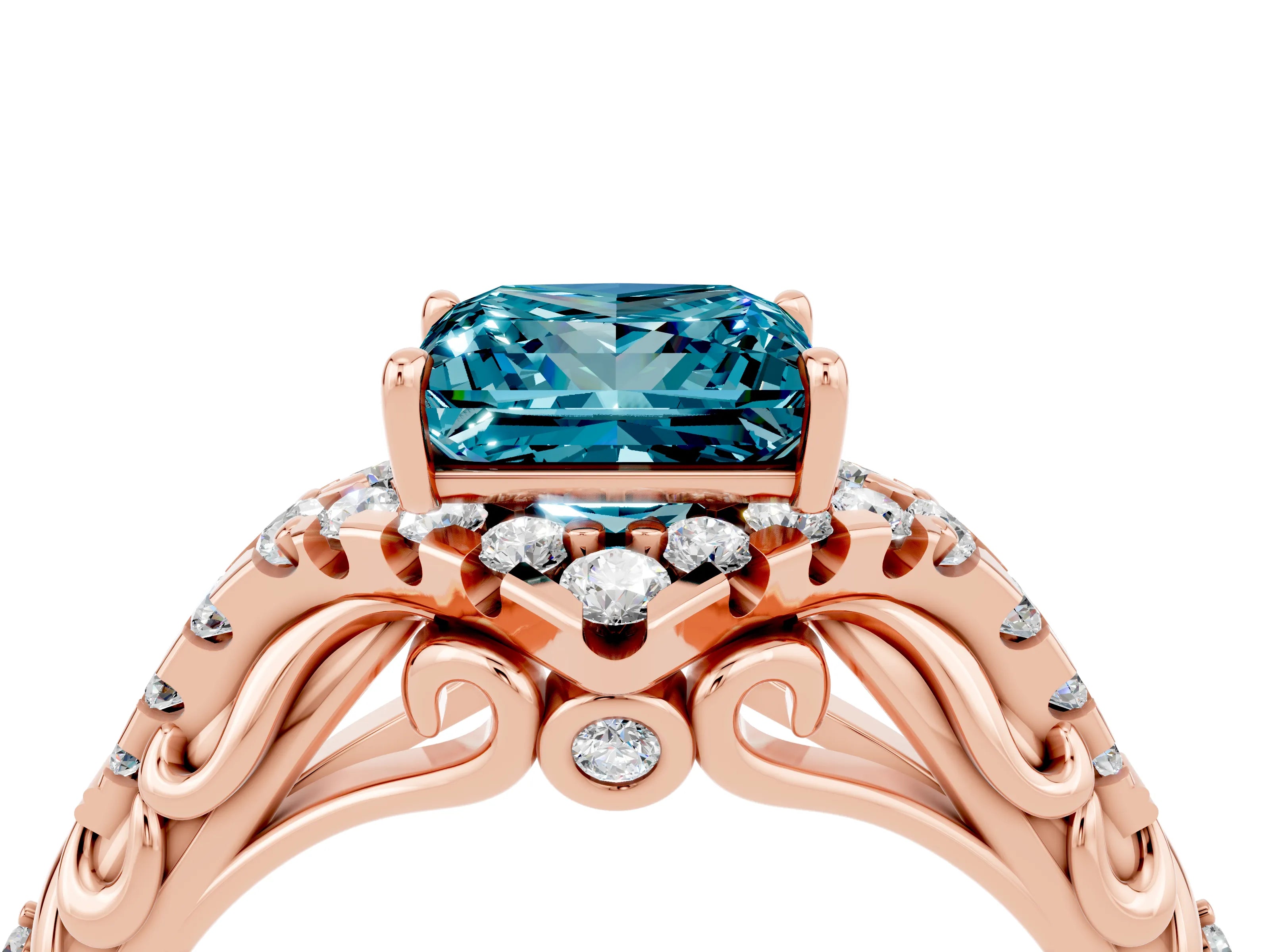 Rose gold Princess Cut Blue Topaz Solitaire Ring with Hidden Halo and Pavé Band_16