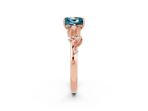 Rose gold Princess Cut Blue Topaz Solitaire Ring with Leaf Motif Band and Four-Prong Setting