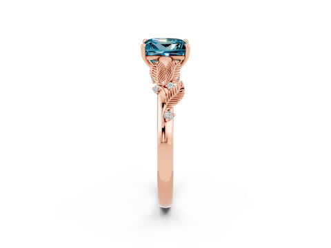 Rose gold Princess Cut Blue Topaz Solitaire Ring with Leaf Motif Band and Four-Prong Setting_2