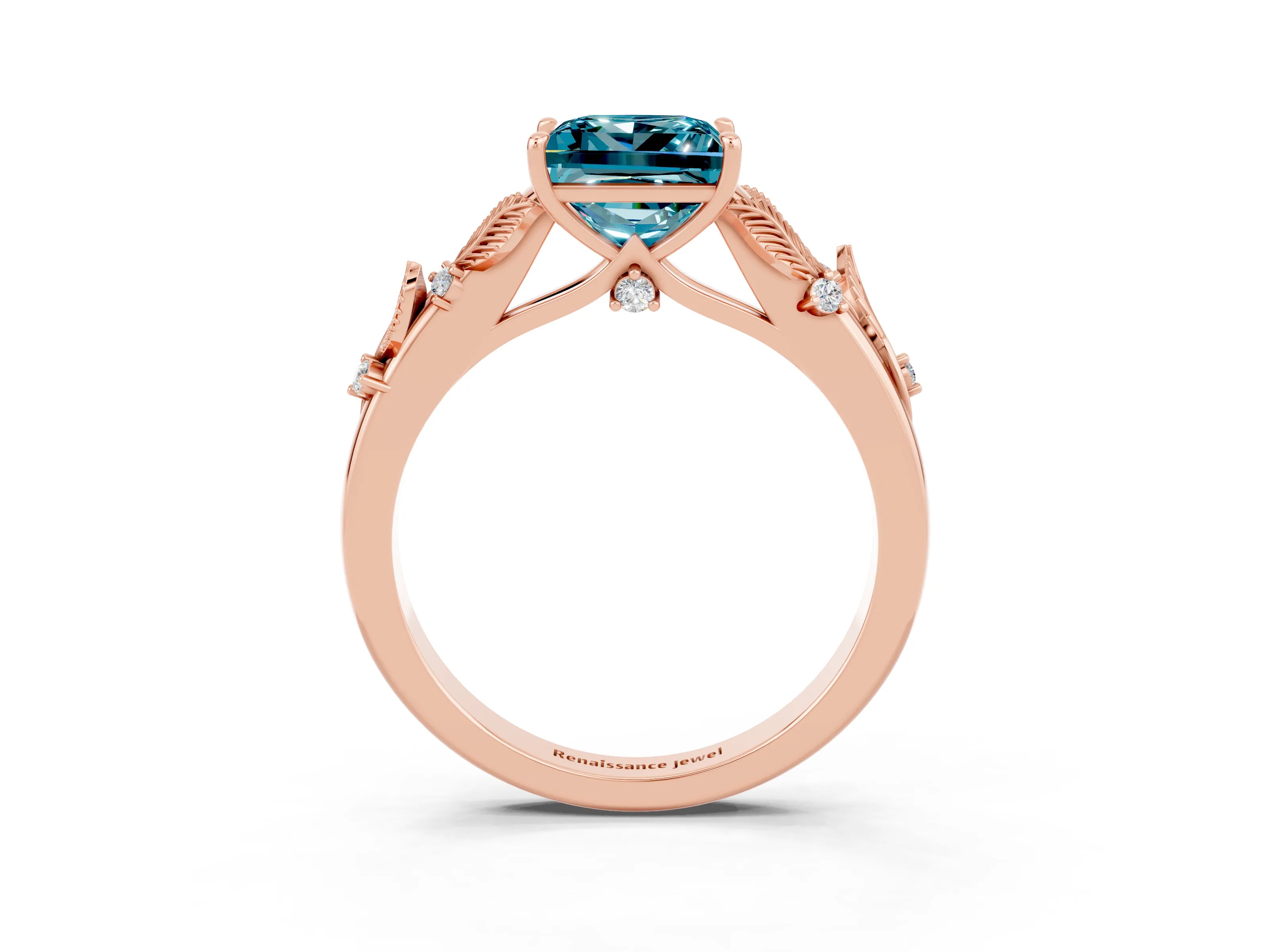 Rose gold Princess Cut Blue Topaz Solitaire Ring with Leaf Motif Band and Four-Prong Setting_3