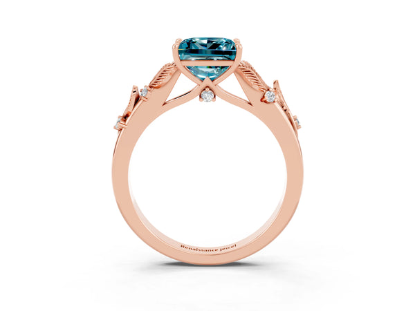 Rose gold Princess Cut Blue Topaz Solitaire Ring with Leaf Motif Band and Four-Prong Setting